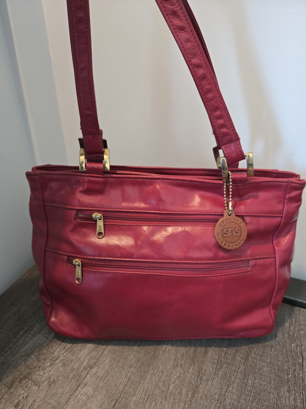 Vintage SAS Diane Leather Shoulder Bag Double Straps Front Zip Red Made in USA